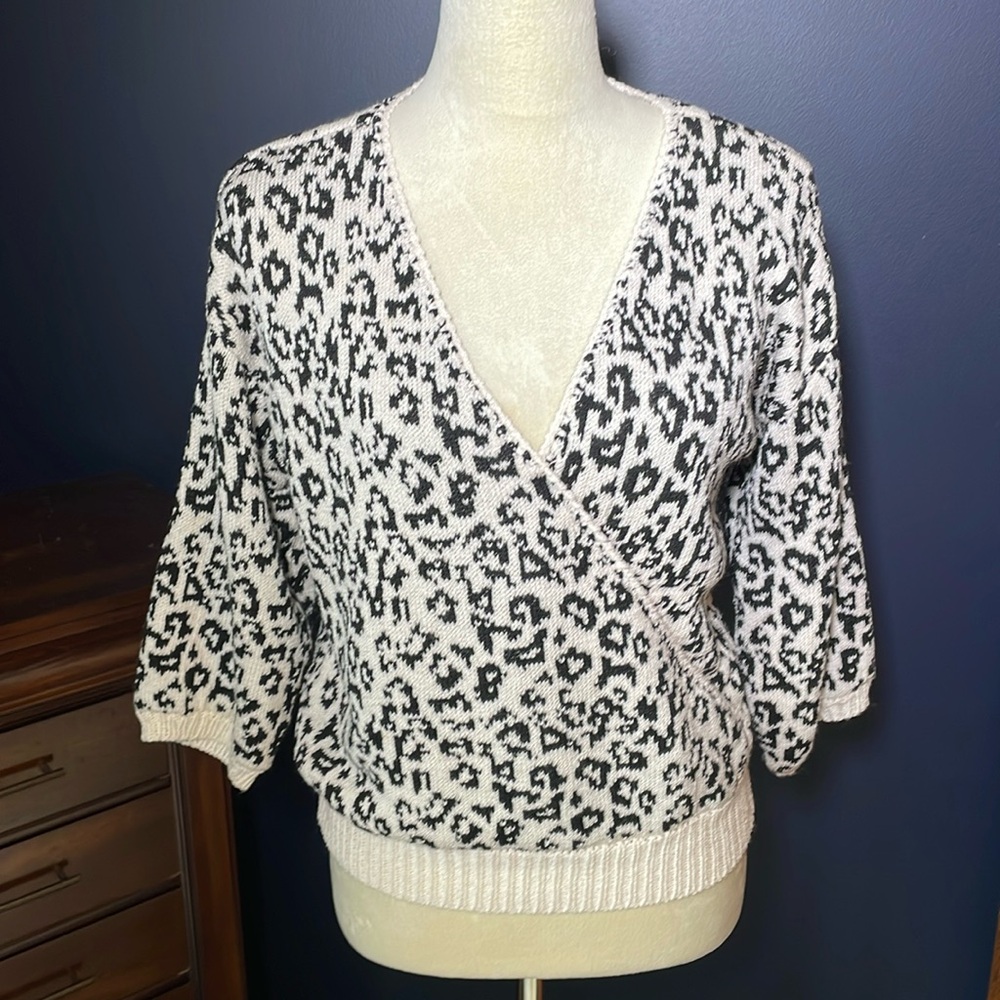 BOGOVintage Ann Wi 3/4 Sleeve Animal Print Black & Ivory Faux Wrap Front Sweater